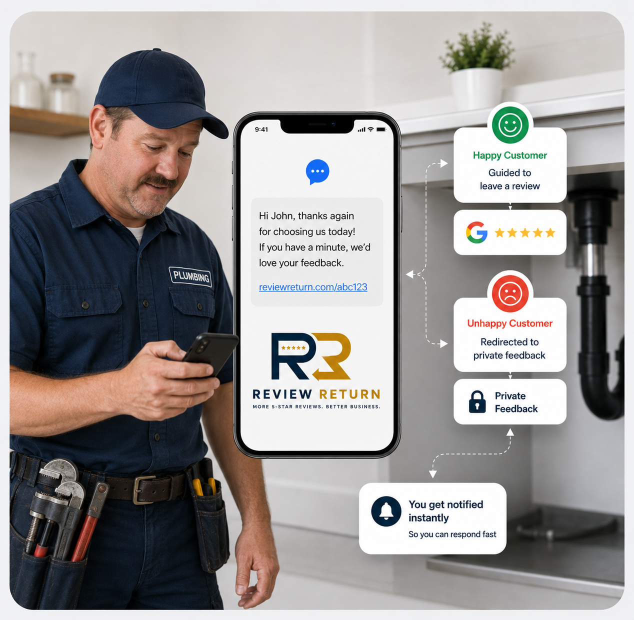 Plumber in a kitchen setting — sending a review request to a customer after a job